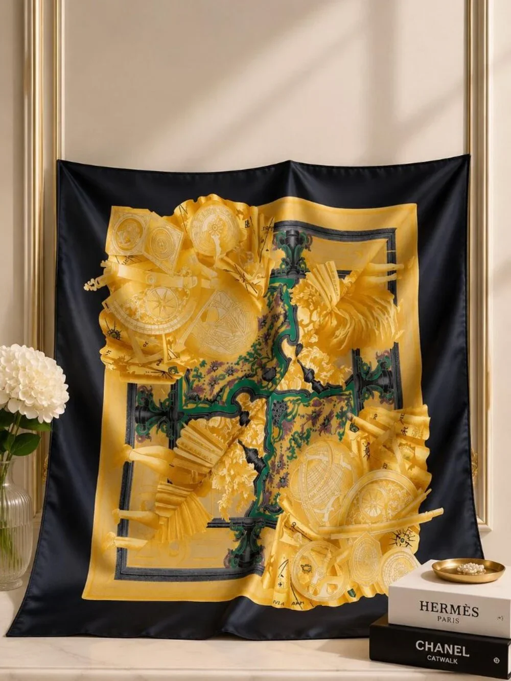 Authentic Hermès Planisphère Carré 90 Silk Scarf Black Gold France Luxury Design